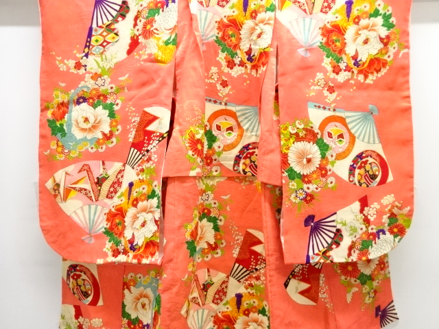 JAPANESE KIMONO / ANTIQUE KIMONO / SILK / MON KINSHA / FLOWER BASKET & FAN